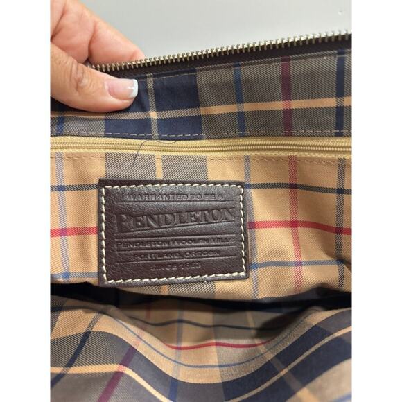 Pendleton Brown Leather Handbag Purse Satchel Plaid Interior - Picture 8 of 8